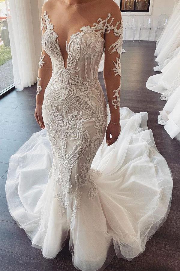Long Sleeves V-Neck Lace Mermaid Wedding Dress On Sale (ZD13813)