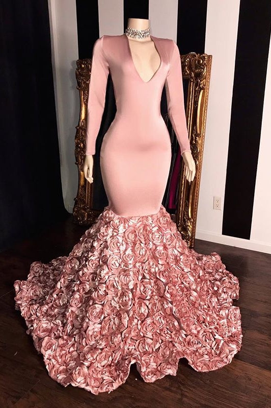 Long Sleeves V-Neck Mermaid Prom Dress Pink Long Chiffon