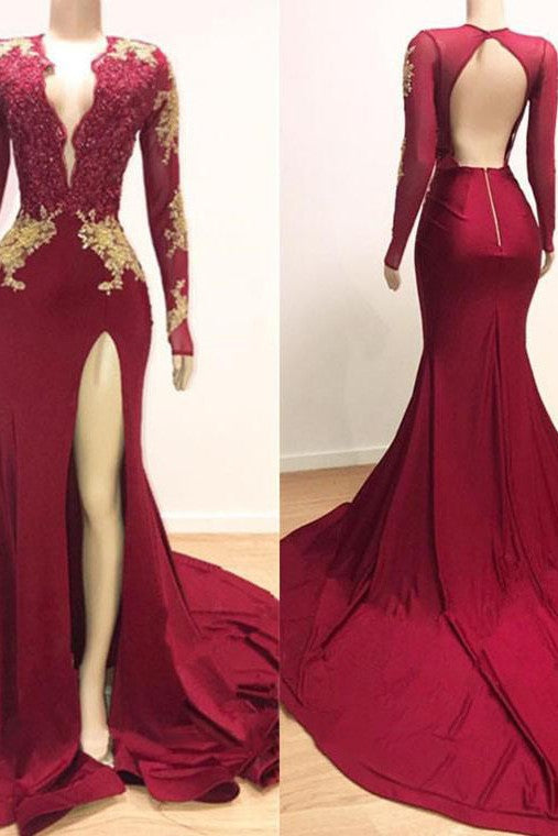 Long Sleeves V-Neck Mermaid Prom Dress Red Sequins Long Chiffon