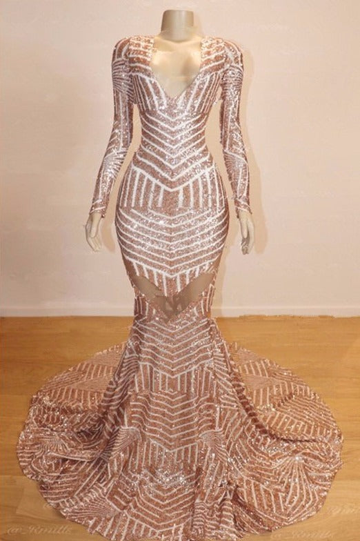 Long Sleeves V-Neck Mermaid Prom Dress Sequins Long Chiffon