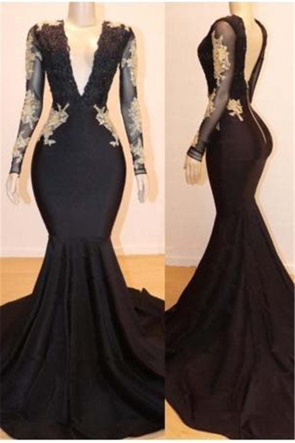 Long Sleevess Appliques Mermaid V-Neck Long Prom Dresses