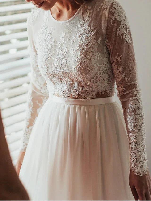 Long Two Piece A-Line Jewel Neck Lace Chiffon Wedding Dresses with Sleeves (ZD15962)