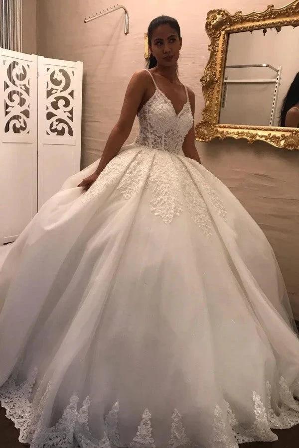Long V-neck Spaghetti Straps Appliques Lace Tulle Ball Gown Wedding Dress (ZD15075)