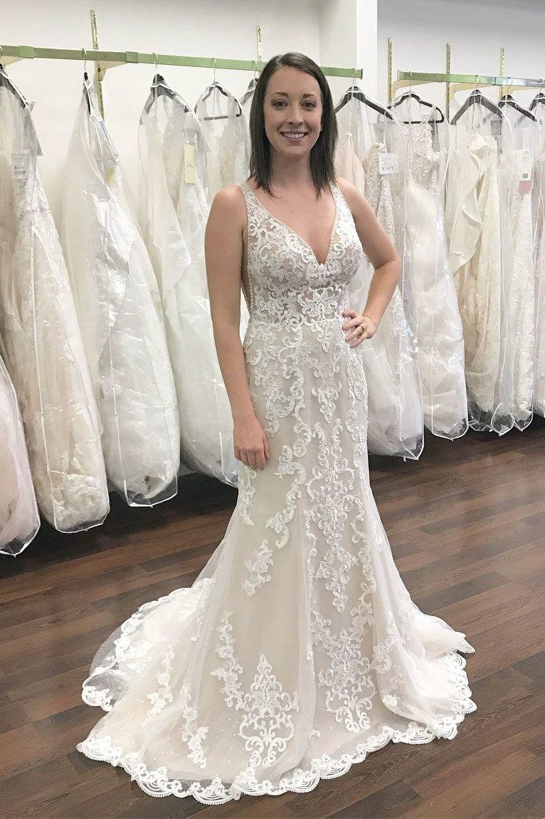Long V-neck Wide Straps Lace Open Back Mermaid Wedding Dress (ZD14335)