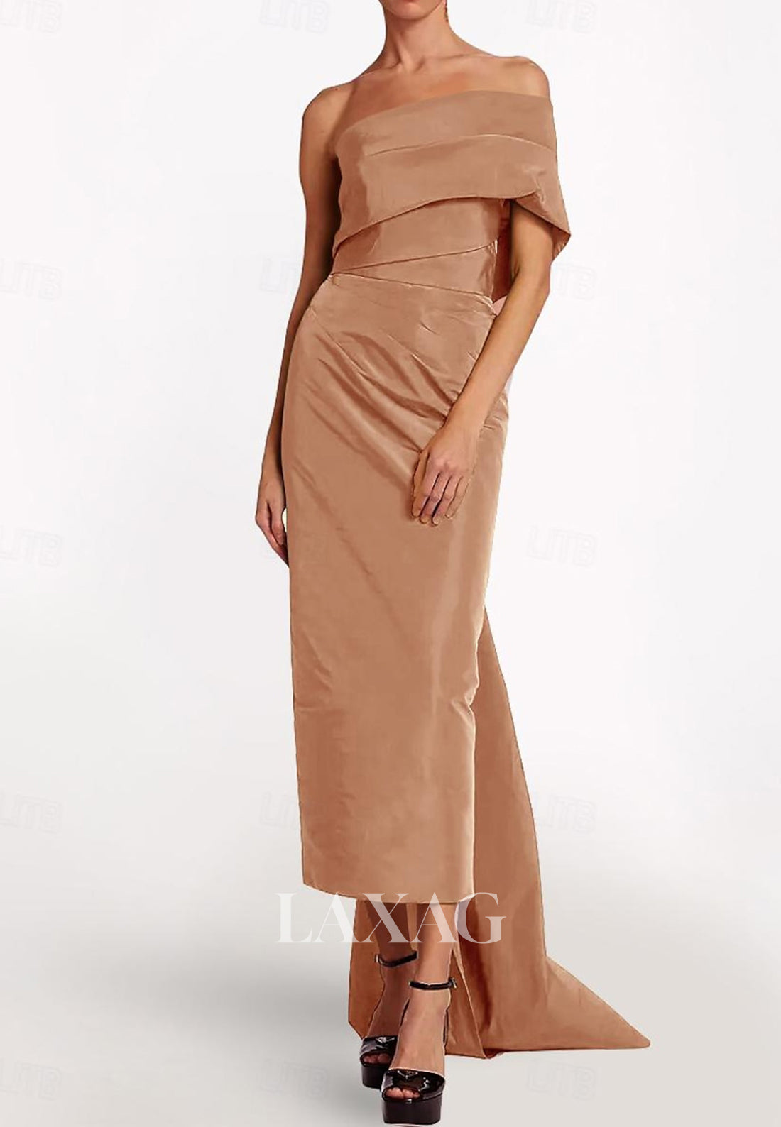 Asymmetrical-Tube Top Sleeveless Mermaid Wedding Guest Dress Off-Shoulder Pleated Sweep Train Satin Party Gowns