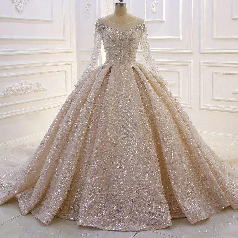 Luxurious A-line Lace Sequined Wedding Dress With Long Sleeves (ZD14543)