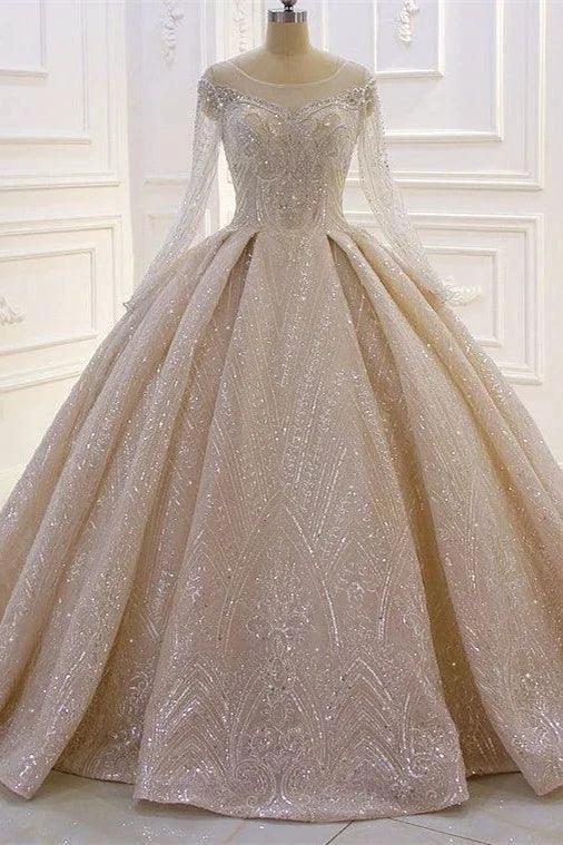 Luxurious A-line Lace Sequined Wedding Dress With Long Sleeves (ZD14543)