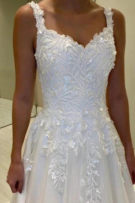 Luxurious A-Line Lace Sweetheart Sleeveless White Long Wedding Dress With Appliques (ZD16655)