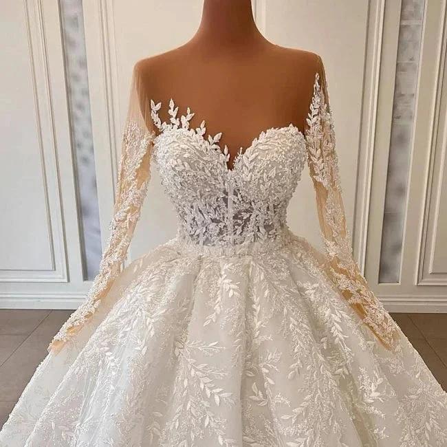 Luxurious A-line Long Sleeve Lace Ball Gown Princess Wedding Dresses (ZD14591)