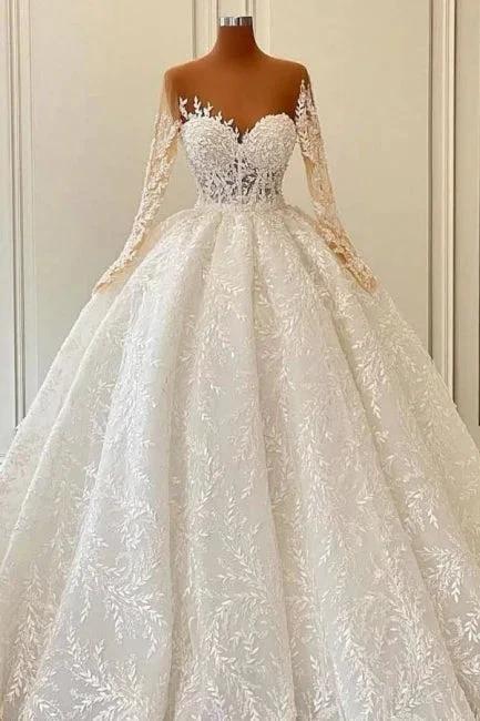 Luxurious A-line Long Sleeve Lace Ball Gown Princess Wedding Dresses (ZD14591)