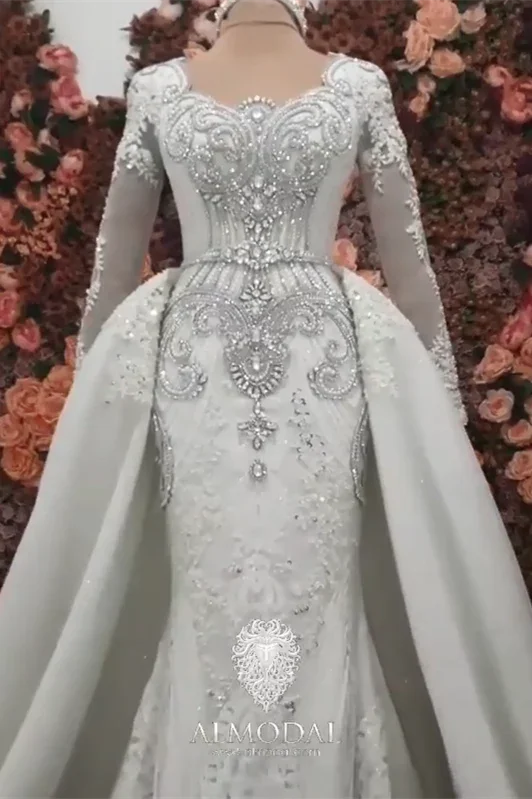 Luxurious A-line Long Sleeves Beading Wedding Dress With Train (ZD14642) - View 5 | VelvetHem