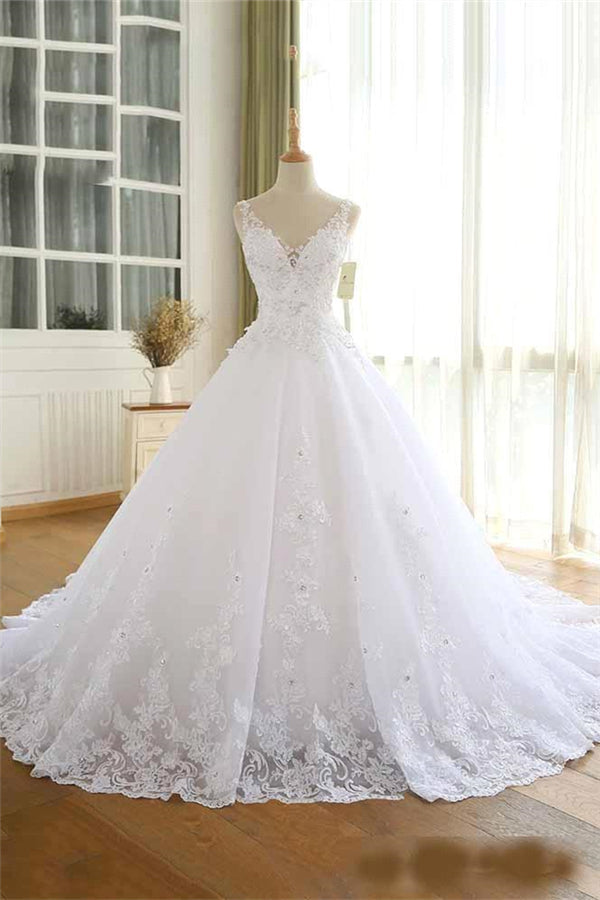 Luxurious Lace Beaded Wedding Dresses New Arrival V-Neck Straps Long Ball Gown Wedding Party Bridal Dress