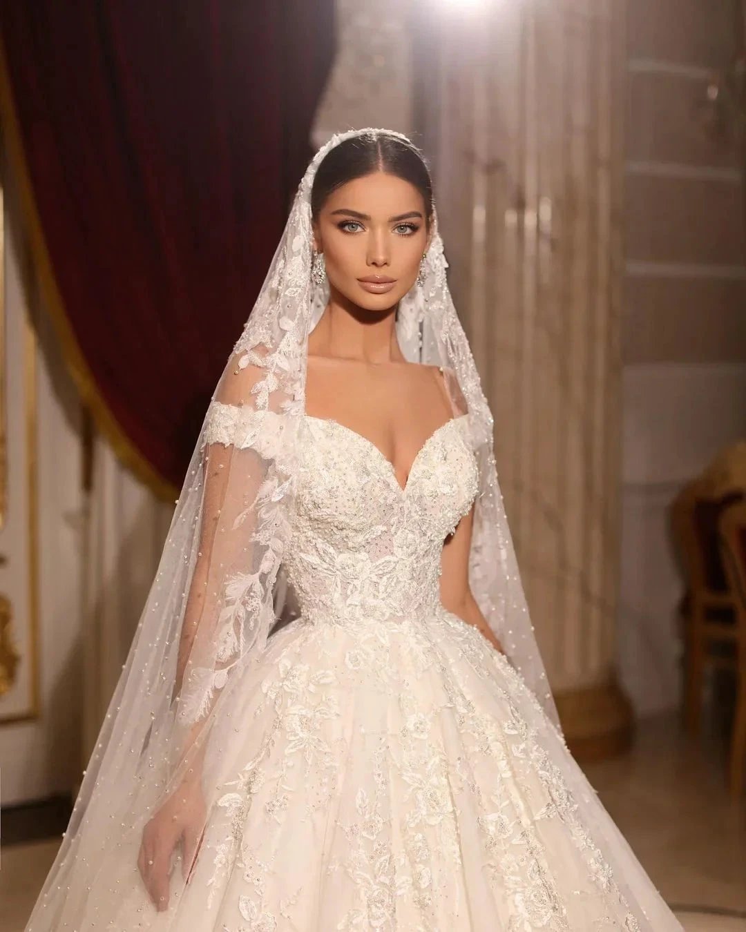 Luxurious Long A-line Off-the-shoulder Lace Beading Wedding Dress (ZD15657)