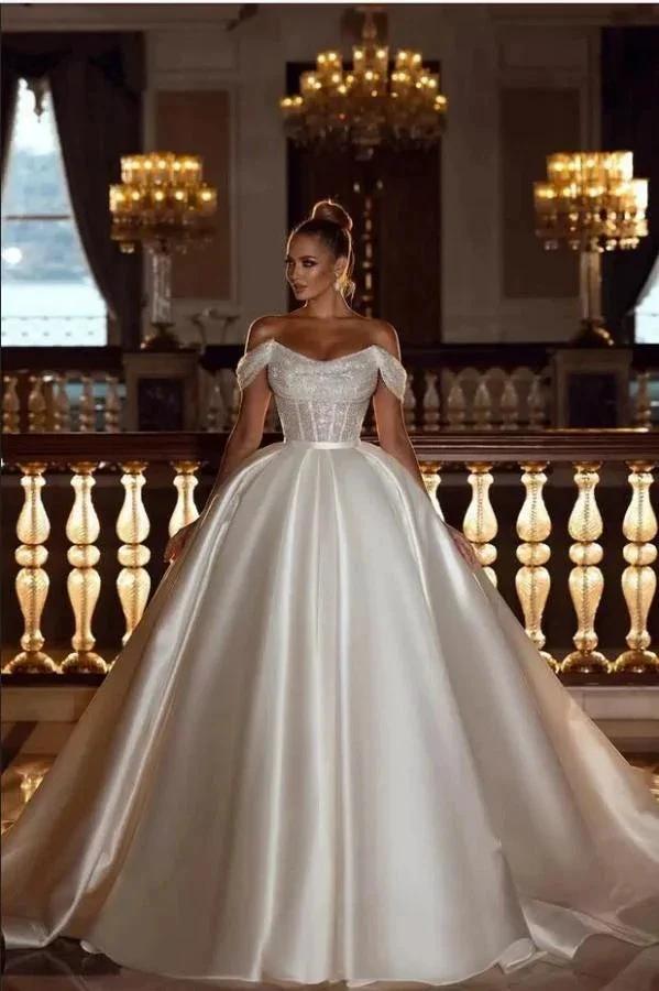 Luxurious Long Ball Gown Off The Shoulder Sparkly Sequins Satin Wedding Dress (ZD16729) - VelvetHem
