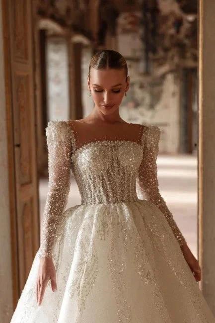 Luxurious Long Ivory A-line Square Neck Lace Beading Wedding Dress with Long Sleeves (ZD16666)
