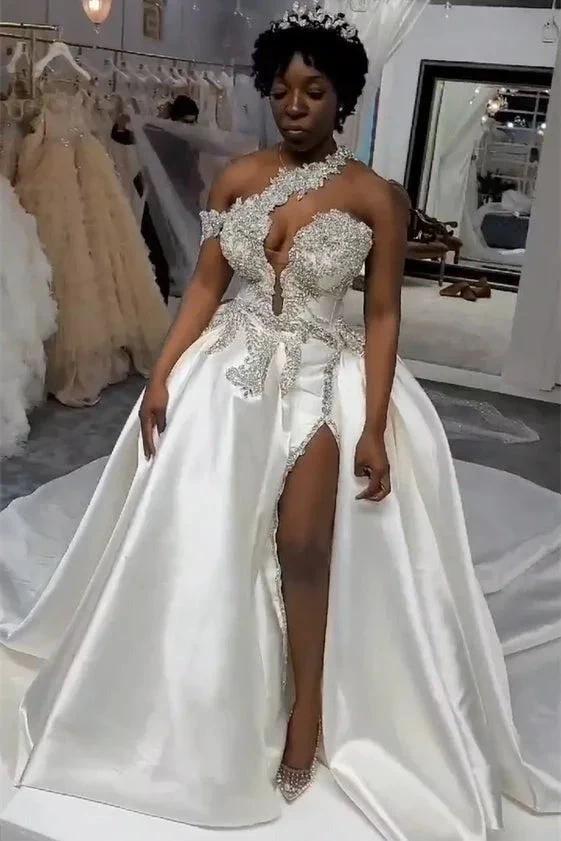 Luxurious Long Mermaid One Shoulder Satin Beading Wedding Dress With Detachable Train (ZD16719)