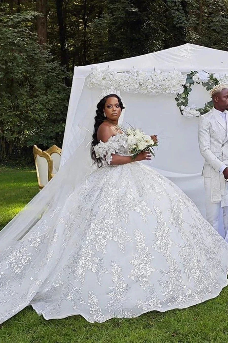 Luxurious Long White A-line Off-the-shoulder Lace Sequined Wedding Dress (ZD15670)