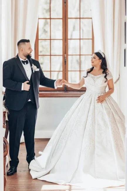 Luxurious Long White Off-the-shoulder A-line Satin Wedding Dress with Lace (ZD15551) - View 5 | VelvetHem