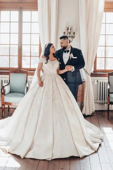 Luxurious Long White Off-the-shoulder A-line Satin Wedding Dress with Lace (ZD15551)
