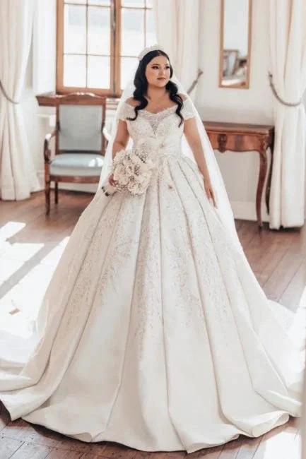Luxurious Long White Off-the-shoulder A-line Satin Wedding Dress with Lace (ZD15551)