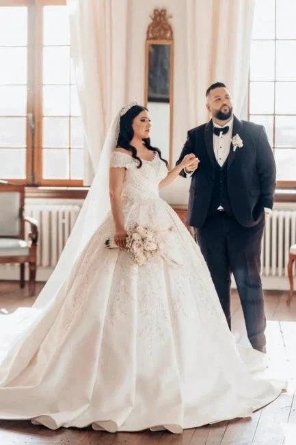 Luxurious Long White Off-the-shoulder A-line Satin Wedding Dress with Lace (ZD15551)