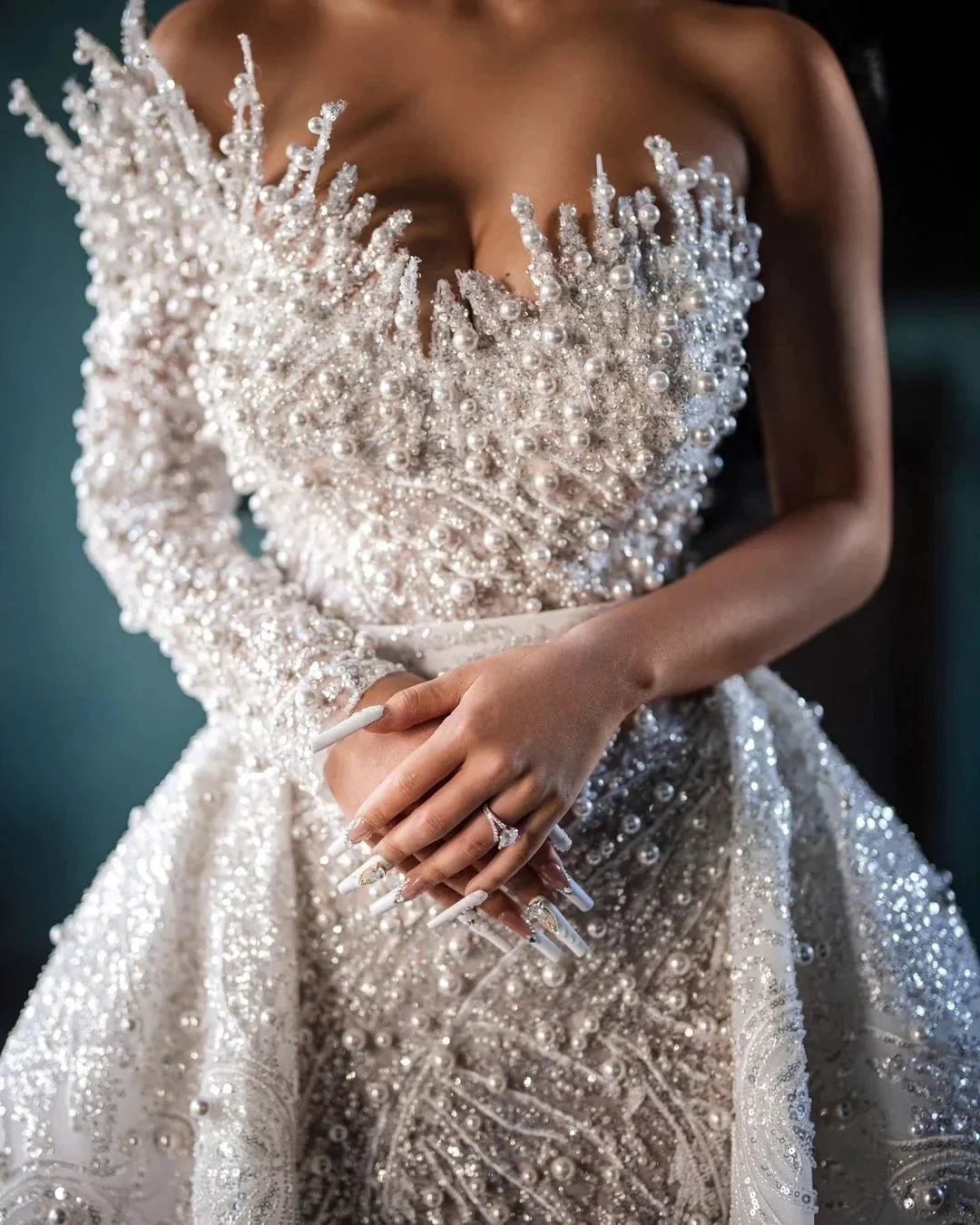 Luxurious Long White One Shoulder A-line Beading Pearls Long Sleeve Weeding Dress With Train (ZD16454)