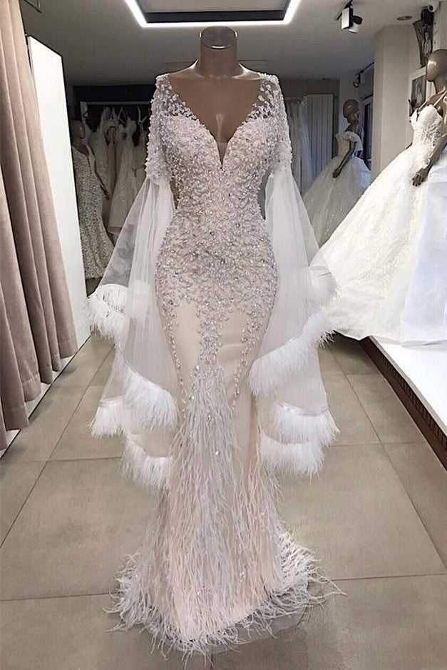 Luxurious Mermaid V-Neck Long Sleevess Crystal Floor-Length Prom Dresses With Tassels