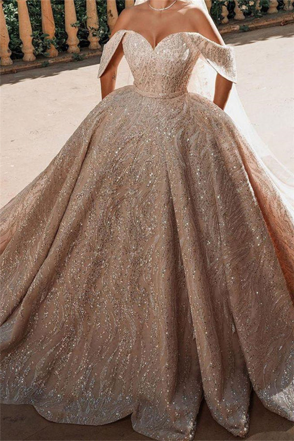Luxurious Off-the-Shoulder Sequins Ball Gowns A-Line Satin Bridal Gowns