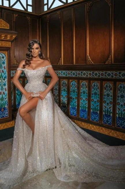 Luxurious Off-the-Shoulder Shinny Crystals Ball Gown with Front Slit Chapel Train (ZD14762)