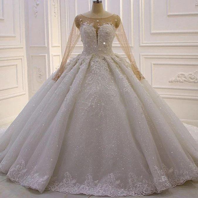 Luxurious Princess A-line Long Sleeves Flowers Lace Wedding Dress (ZD14541)