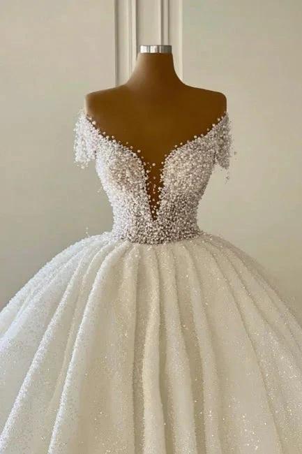 Luxurious Princess Off-the-shoulder V-neck A-line Wedding Dresses With Glitter (ZD14970)