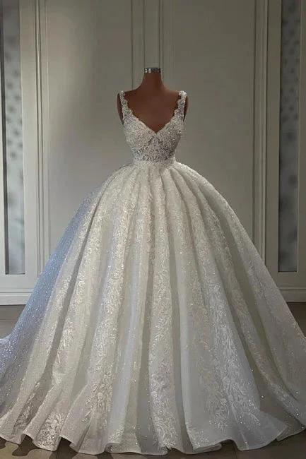 Luxurious Straps Sweetheart Lace Sleeveless Ball Gown Wedding Dresses (ZD14979)