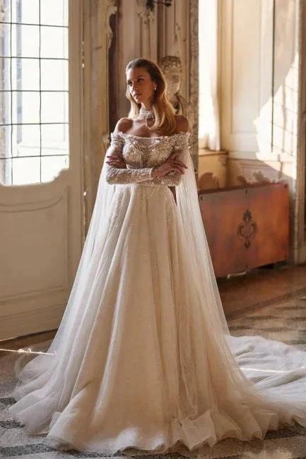 Luxury Beautiful Off-the-shoulder long sleeves a-line lace Wedding Dresses beading (ZD14862)