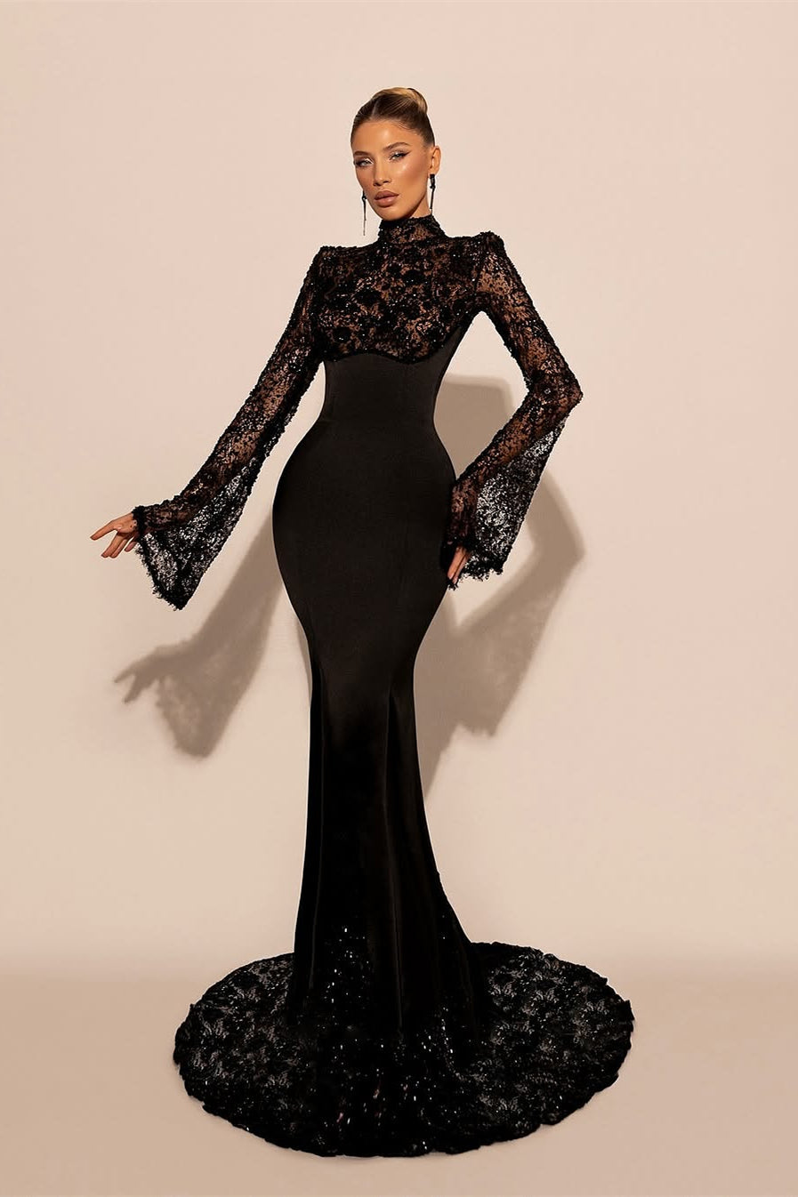 Luxury Black High Collar Long Sleeves Lace Prom Dresses Mermaid Column With Zipper