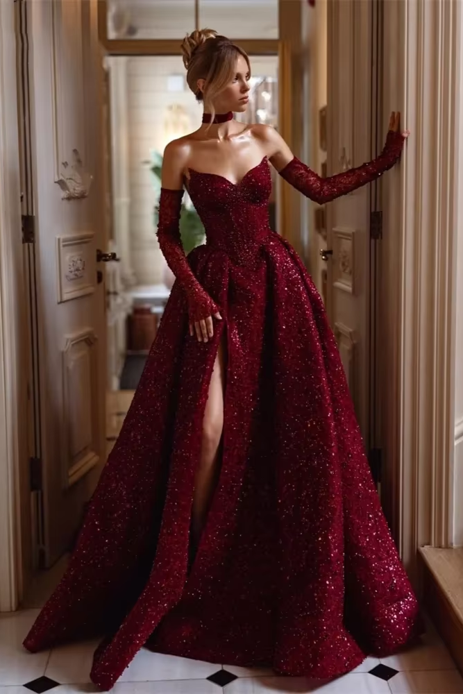 Luxury Burgundy Strapless A-Line Princess Floor-Length Prom Dresses