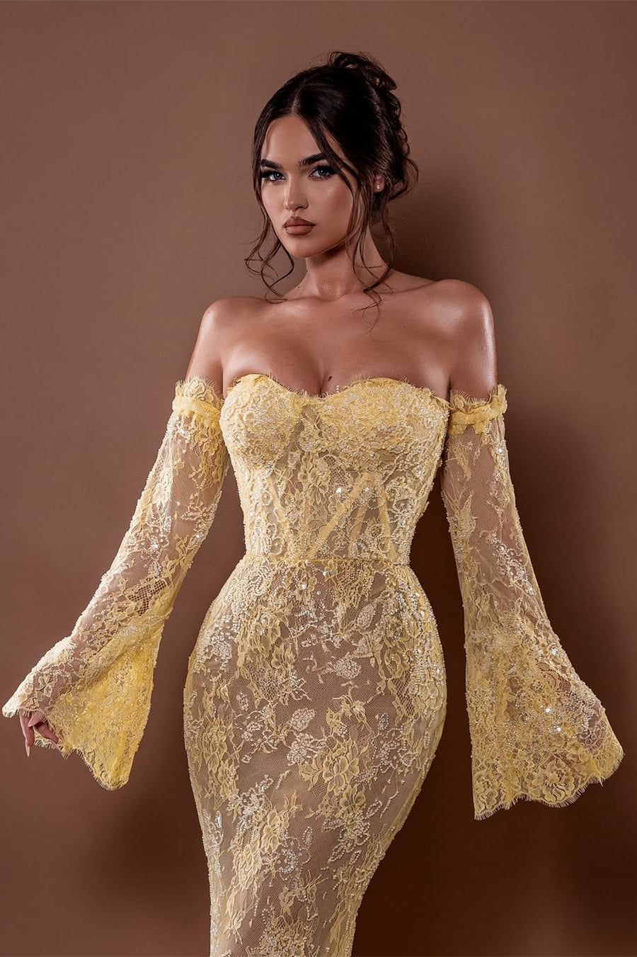 Luxury Daffodil Sweetheart Strapless Mermaid Lace Prom Dress Detachable Long Sleeves Column