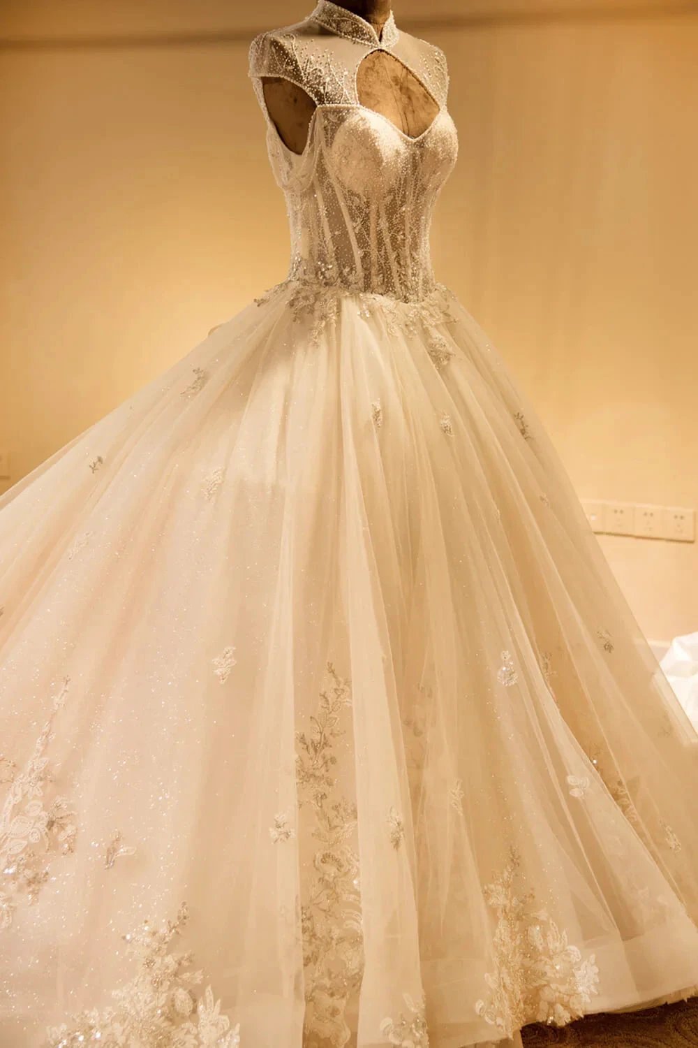 Luxury Illusion Neck Lace-up Tulle Ball Gown Wedding Dress Modest Ivory Sparkle Bridal Gowns (ZD13900) - View 2 | VelvetHem