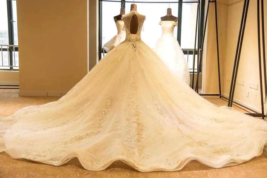 Luxury Illusion Neck Lace-up Tulle Ball Gown Wedding Dress Modest Ivory Sparkle Bridal Gowns (ZD13900) - View 4 | VelvetHem