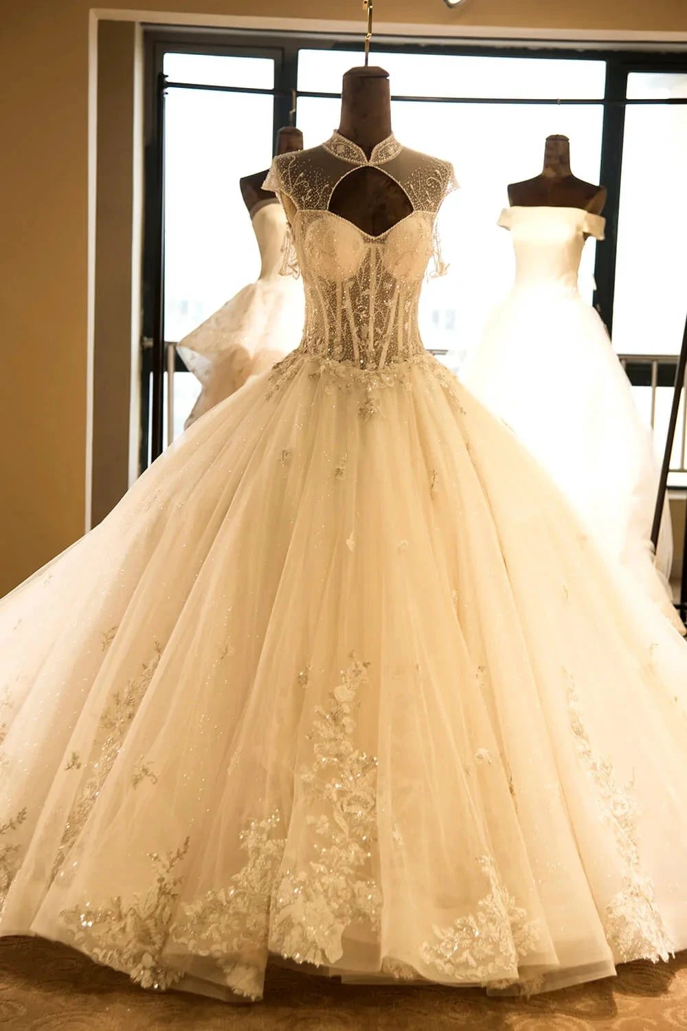 Luxury Illusion Neck Lace-up Tulle Ball Gown Wedding Dress Modest Ivory Sparkle Bridal Gowns by misshow.com
