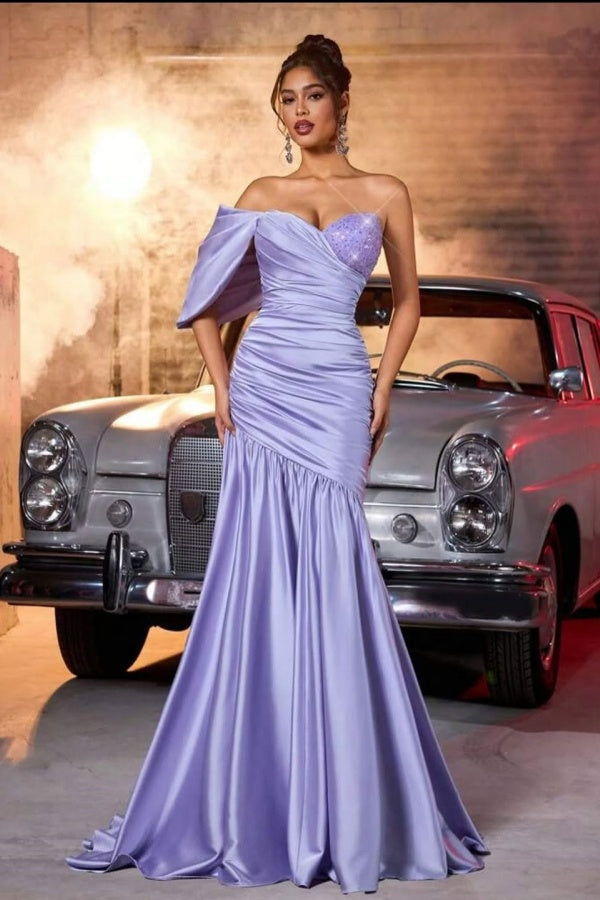 Luxury Lavender Sweetheart One-Shoulder Satin Prom Dresses Column Beads With Pleats