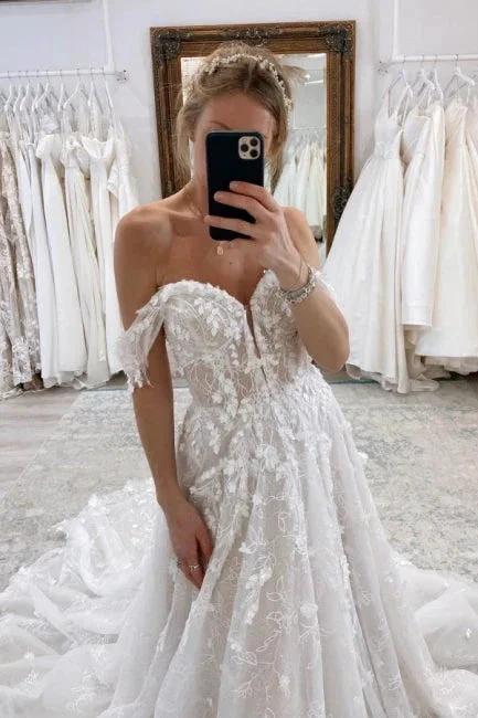 Luxury Long A-Line Off-the-shoulder Lace Wedding Dresses With Glitter (ZD14906)
