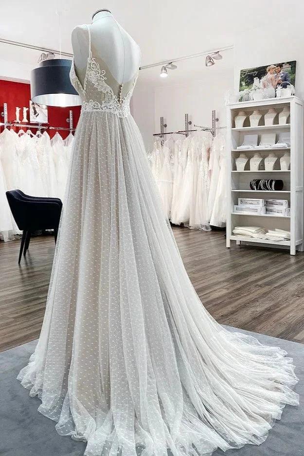 Luxury Long A-line V-neck Tulle Open Back Lace Wedding Dress (ZD14282)