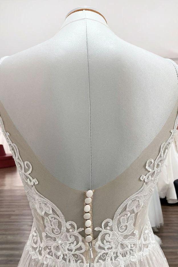 Luxury Long A-line V-neck Tulle Open Back Lace Wedding Dress (ZD14282)