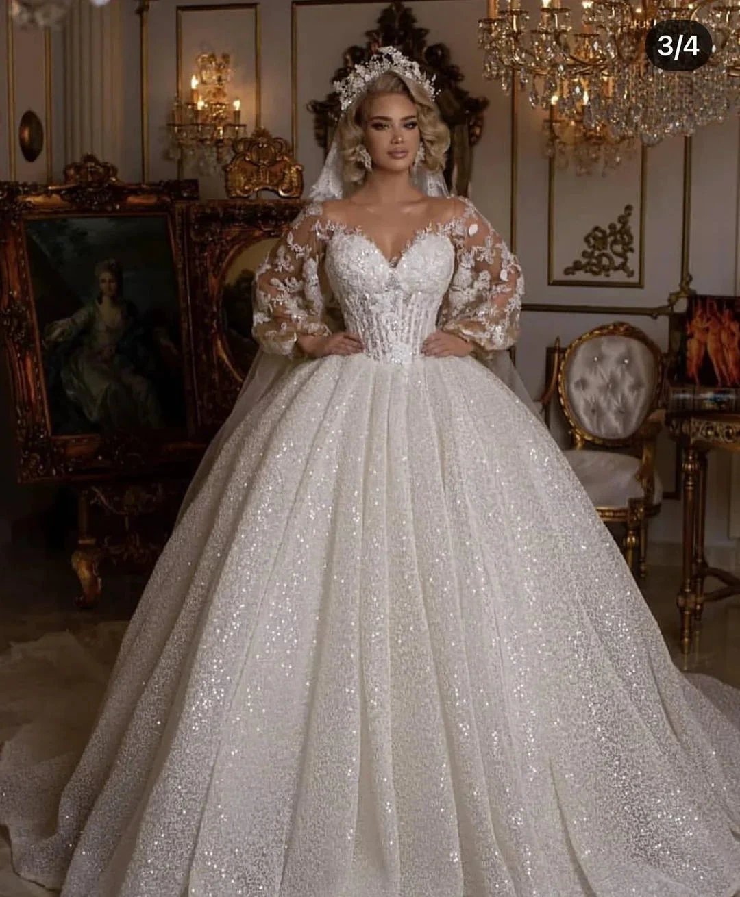 Luxury Long Ball Gown Glitter Wedding Dress with Puffy Sleeves (ZD15019)