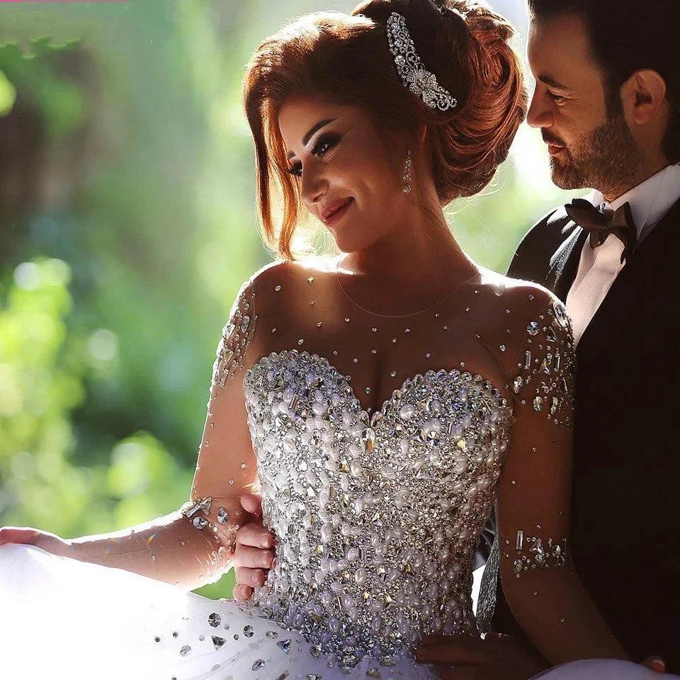 Luxury Long Ball Gown Sweetheart Crystals Beading Wedding Dresses with Sleeves (ZD15974) - View 6 | VelvetHem