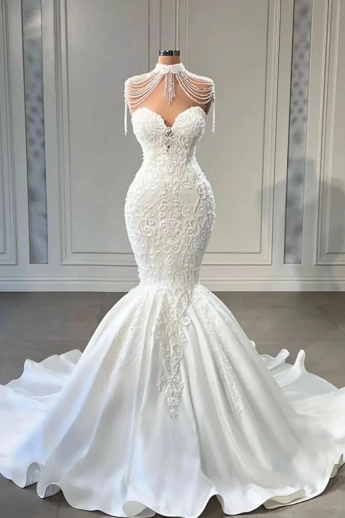 Luxury Long Mermaid Lace Sweetheart Satin Wedding Dress (ZD14354)