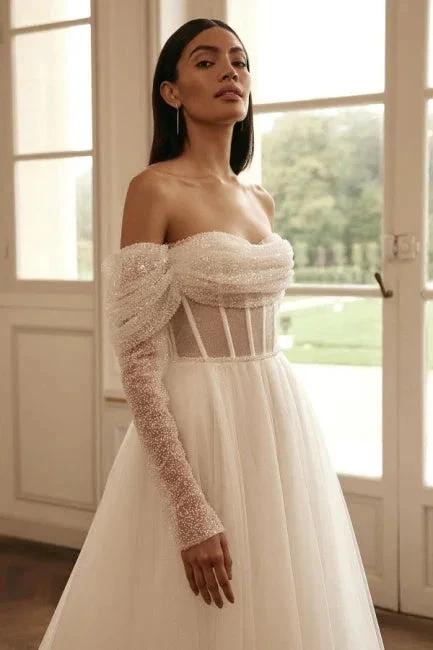 Luxury long sleeves a-line Off-the-shoulder Wedding dresses sequined (ZD14863)