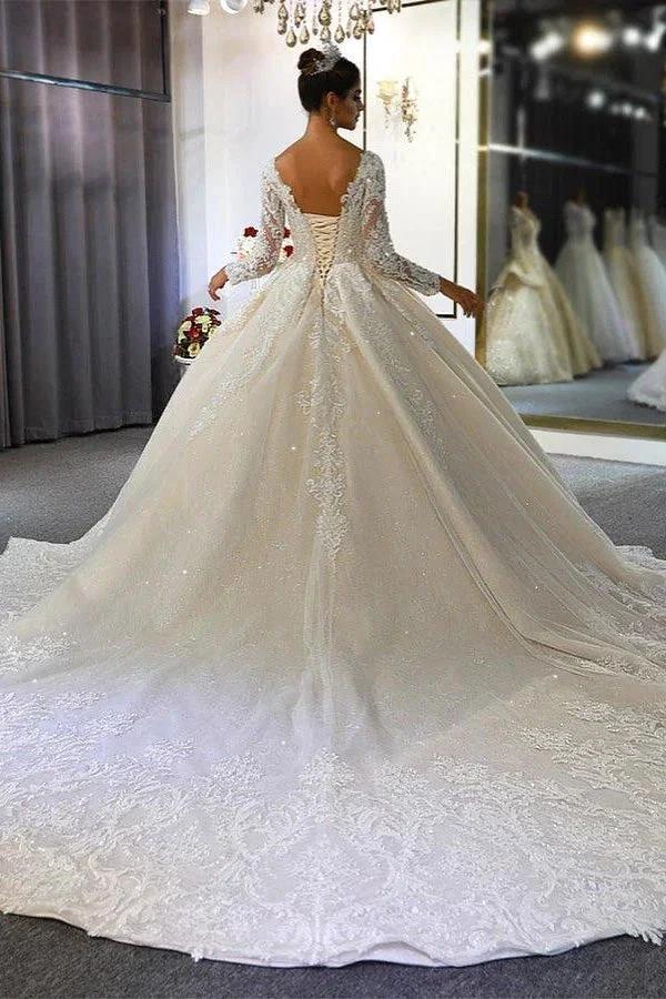 Luxury Long Sleeves Deep V-Neck Princess Ball Gown Garden Bridal Dress (ZD14700)