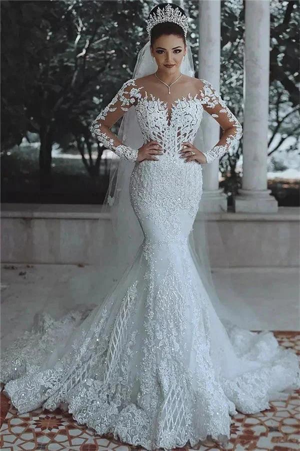 Luxury Mermaid Tulle Beaded Lace Wedding Dresses with Sleeves (ZD14454)