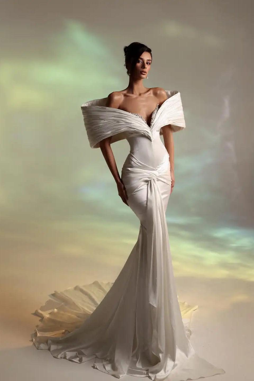 Luxury Off-The-Shoulder V-Neck Satin Mermaid Prom Dress Column Beads With Pleats